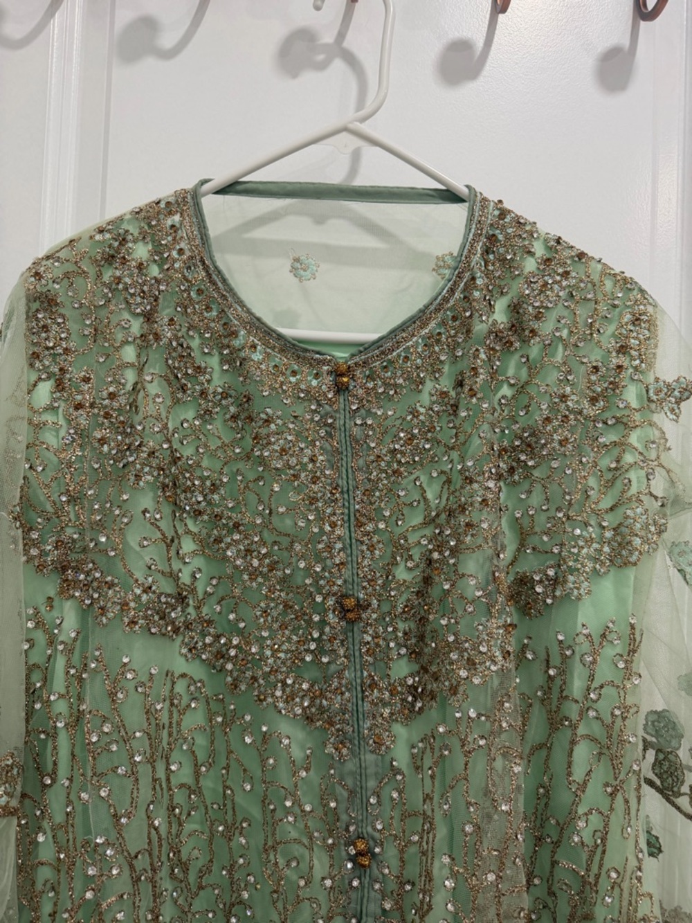 Pakistani Embellished Mint Green Party Dress with Gold Accents - Picture 2 of 7